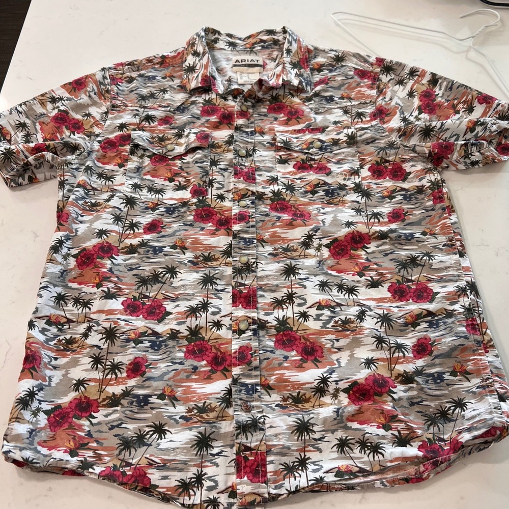 Ariat Mens Retro Fit Tropical Palm Tree Hibiscus Pearl Snap Western Shirt M